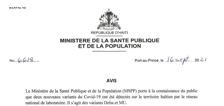 *Deux nouveaux variants du covid-19 détectés sur le territoire haïtien, le MSPP alerte la population*