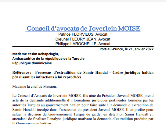 Dossier d'extradition de Samir Handal: une correspondance est acheminée à l'ambassadrice de la Turquie par les avocats de Joverlin Moïse