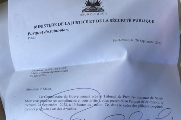 Haiti/Justice: le président de la commission municipale de Montrouis invité au parquet de Saint Marc